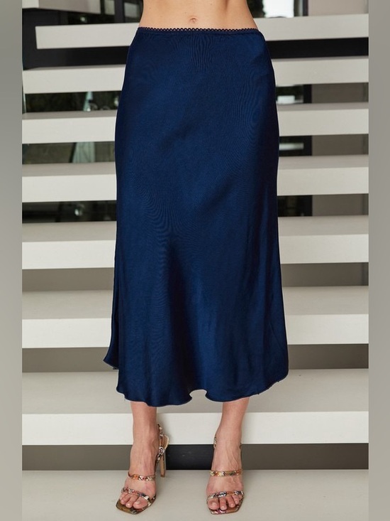 Milio Milano Dresses & Skirts - (9298/235110-NAVY) SOLID ELASTIC LACE TRIM WAIST SILKY VISCOSE MAXI SKIRT